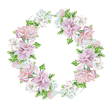 Round watercolor bouquet with flowers.  Blossom. Rose. Illustration. Hand drawn.の写真素材