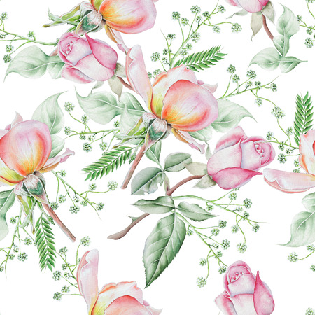 Bright seamless pattern with flowers. Rose. Watercolor illustration. Hand drawn.の写真素材