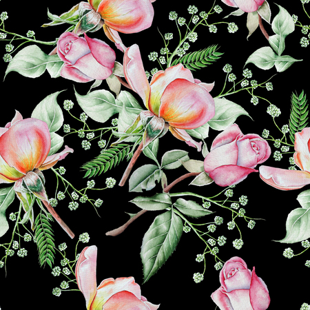 Bright seamless pattern with flowers. Rose. Watercolor illustration. Hand drawn.の写真素材