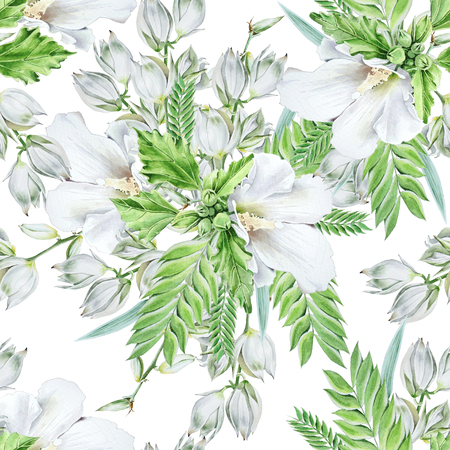 Bright seamless pattern with flowers. Mallow. Yucca. Watercolor illustration. Hand drawn.の写真素材