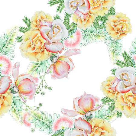 Bright seamless pattern with flowers. Leaves. Rose. Watercolor illustration. Hand drawn.の写真素材
