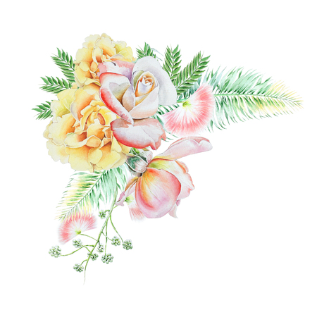 Watercolor bouquet with flowers.   Leaves. Rose. Watercolor illustration. Hand drawn.の写真素材