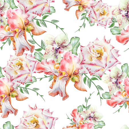 Bright seamless pattern with flowers. Iris. Orchid. Rose. Watercolor illustration. Hand drawn.の写真素材