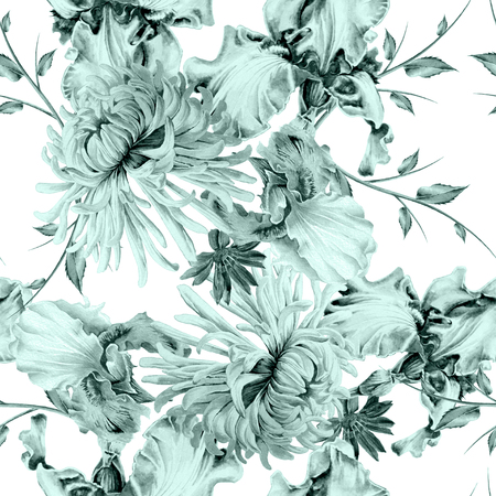 Bright seamless pattern with flowers. Iris. Chrysanthemum. Watercolor illustration. Hand drawn.の写真素材
