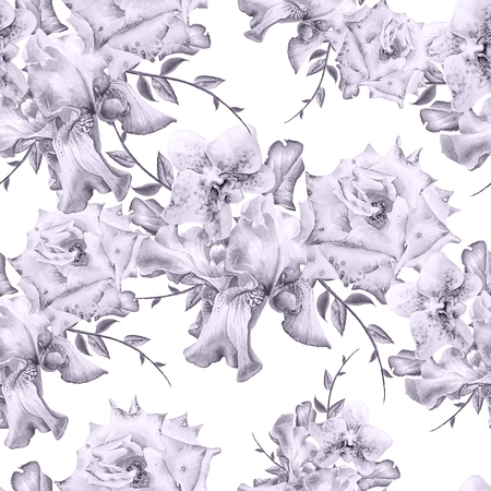 Bright seamless pattern with flowers. Iris. Orchid. Rose. Watercolor illustration. Hand drawn.の写真素材