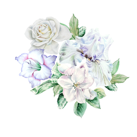 Watercolor bouquet with flowers.  Iris. Rose. Gladiolus. Blossom. Illustration. Hand drawn.の写真素材