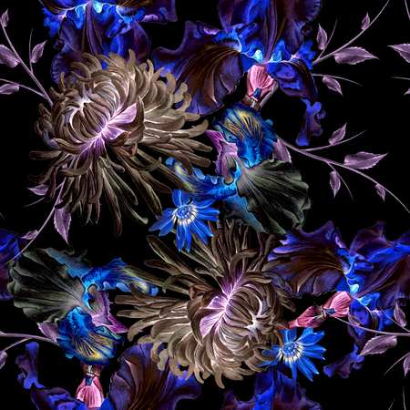 Bright seamless pattern with flowers. Iris. Chrysanthemum. Watercolor illustration. Hand drawn.の写真素材