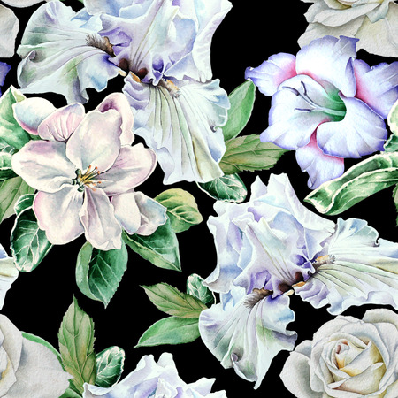 Bright seamless pattern with flowers. Iris. Rose. Gladiolus. Blossom. Watercolor illustration. Hand drawn.の写真素材