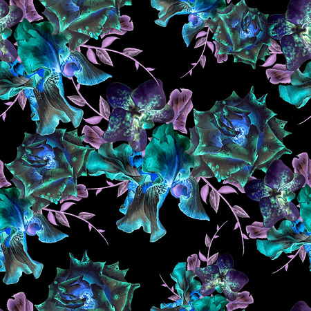 Bright seamless pattern with flowers. Iris. Orchid. Rose. Watercolor illustration. Hand drawn.の写真素材