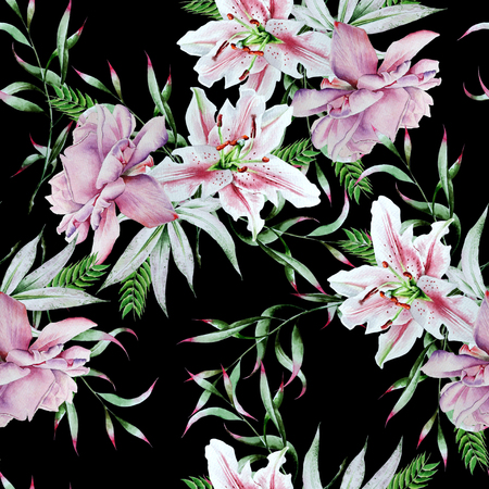Bright seamless pattern with flowers. Rose. Lily. Watercolor illustration. Hand drawn.の写真素材