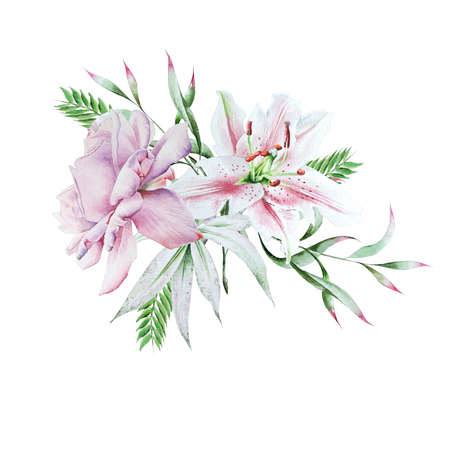 Bright bouquet with rose and lily. Watercolor illustration. Hand drawn.の写真素材