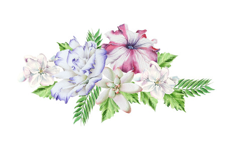 Bright bouquet with flowers.   Petunia. Eustoma. Succulent. Watercolor illustration. Hand drawn.の写真素材