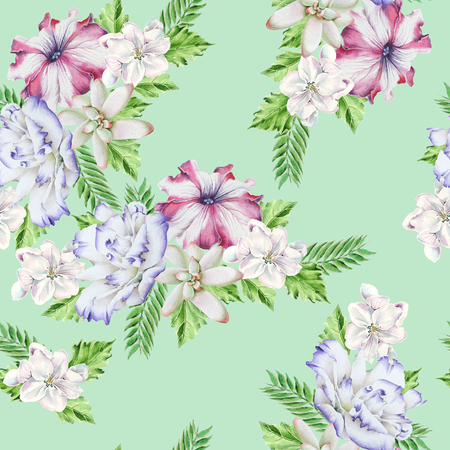 Bright seamless pattern with flowers. Petunia. Eustoma. Succulent. Watercolor illustration. Hand drawn.の写真素材