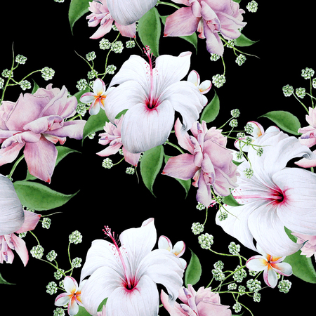 Bright seamless pattern with flowers. Hibiscus. Rose. Watercolor illustration. Hand drawn.の写真素材