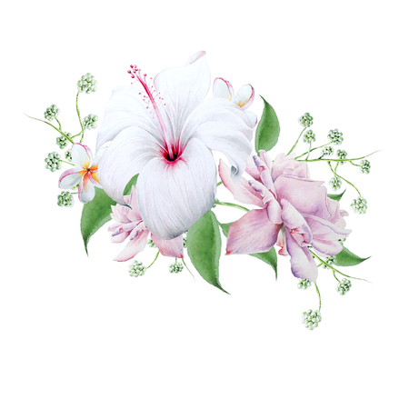 Bright bouquet with flowers.   Hibiscus. Rose. Watercolor illustration.  Hand drawn.の写真素材