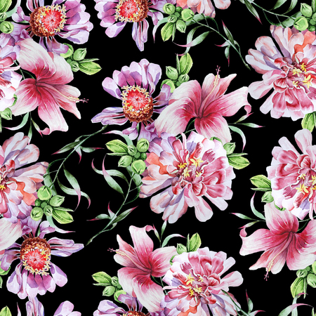 Bright seamless pattern with flowers. Peony. Hibiscus. Watercolor illustration. Hand drawn.の写真素材