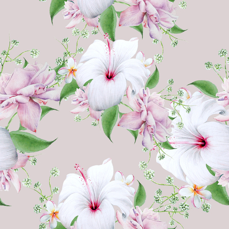 Bright seamless pattern with flowers. Hibiscus. Rose. Watercolor illustration. Hand drawn.の写真素材