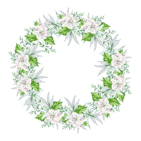 Round watercolor bouquet with flowers and leaves. Illustration.  Hand drawn.の写真素材