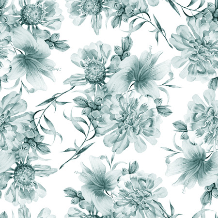 Seamless pattern with flowers. Peony. Hibiscus. Watercolor illustration. Hand drawn.の写真素材