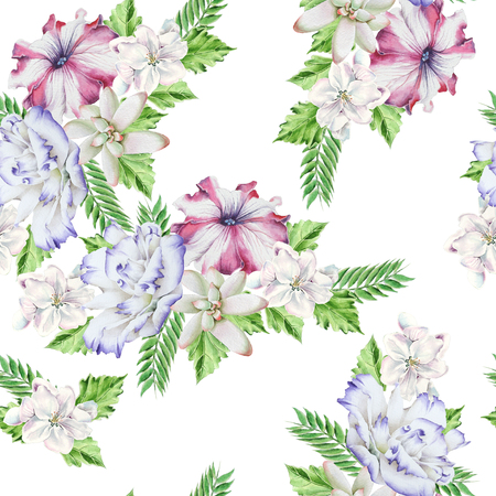 Bright seamless pattern with flowers. Petunia. Eustoma. Succulent. Watercolor illustration. Hand drawn.の写真素材