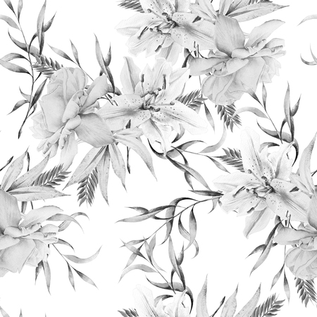Monochrome seamless pattern with flowers. Rose. Lily. Watercolor illustration. Hand drawn.の写真素材