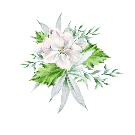 Bright bouquet with flower and leaves. Watercolor illustration. Hand drawn.の写真素材