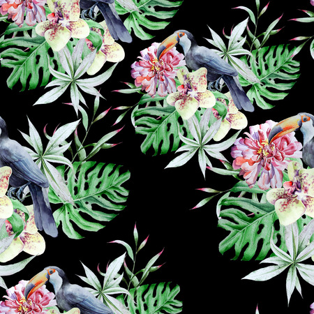Tropical seamless pattern with birds leaves and flowers. Peony. Tucan.  Monstera. Orchid.   Watercolor illustration. Hand drawn.の写真素材