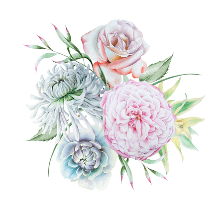 Watercolor bouquet with flowers.   Rose. Chrysanthemum. Peony.  Watercolor illustration. Hand drawn.の写真素材