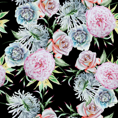 Bright seamless pattern with flowers. Rose. Chrysanthemum. Peony.  Watercolor illustration. Hand drawn.の写真素材