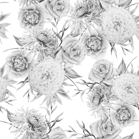Monochrome seamless pattern with flowers. Rose. Chrysanthemum. Peony.  Watercolor illustration. Hand drawn.の写真素材