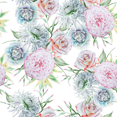 Bright seamless pattern with flowers. Rose. Chrysanthemum. Peony.  Watercolor illustration. Hand drawn.の写真素材