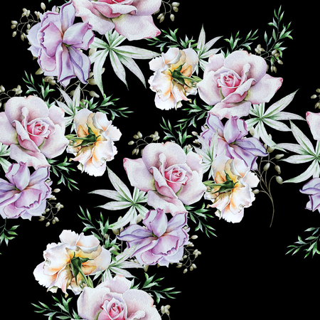 Bright seamless pattern with flowers. Rose. Watercolor illustration. Hand drawn.の写真素材