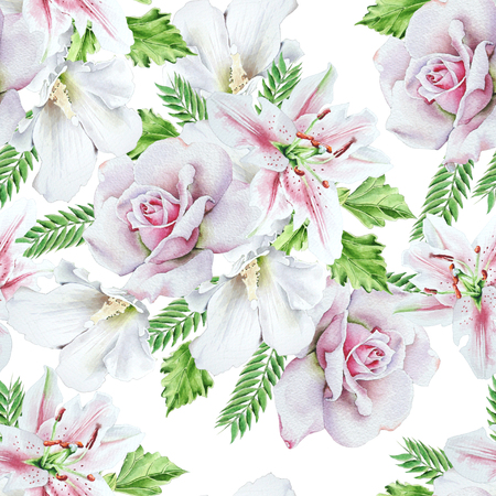 Bright seamless pattern with flowers. Rose. Lily. Watercolor illustration. Hand drawn.の写真素材
