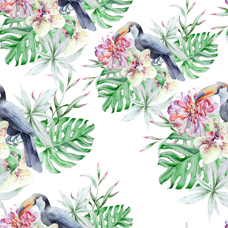 Tropical seamless pattern with birds leaves and flowers. Peony. Tucan.  Monstera. Orchid.   Watercolor illustration. Hand drawn.の写真素材