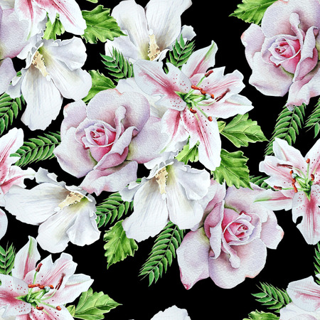 Bright seamless pattern with flowers. Rose. Lily. Watercolor illustration. Hand drawn.の写真素材