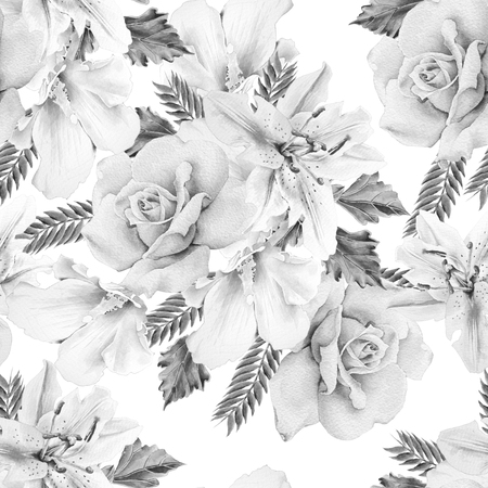 Monochrome  seamless pattern with flowers. Rose. Lily. Watercolor illustration. Hand drawn.の写真素材