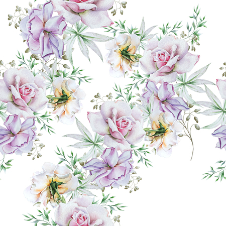 Bright seamless pattern with flowers. Rose. Watercolor illustration. Hand drawn.の写真素材