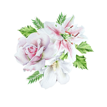 Watercolor bouquet with flowers.   Rose. Lily. Illustration.  Hand drawn.の写真素材