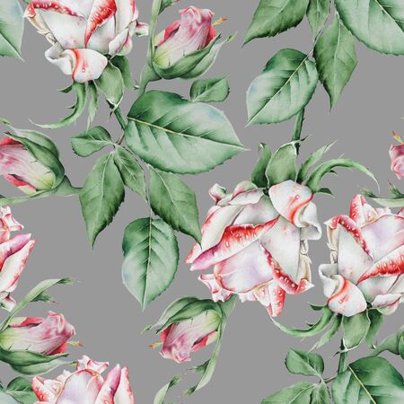 Bright seamless pattern with flowers. Rose. Watercolor illustration. Hand drawn.の写真素材