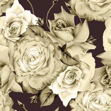 Bright seamless pattern with flowers. Rose. Watercolor illustration. Hand drawn.の写真素材