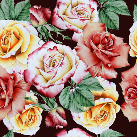 Bright seamless pattern with flowers. Rose. Watercolor illustration. Hand drawn.の写真素材