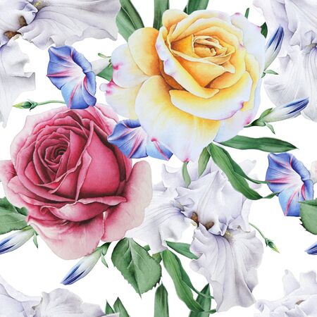 Bright seamless pattern with flowers. Rose. Iris. Watercolor illustration. Hand drawn.の写真素材