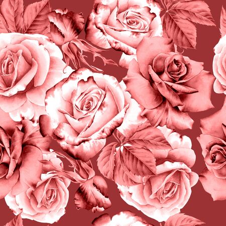Bright seamless pattern with flowers. Rose. Watercolor illustration. Hand drawn.の写真素材