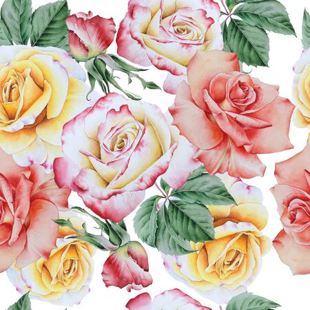 Bright seamless pattern with flowers. Rose. Watercolor illustration. Hand drawn.の写真素材