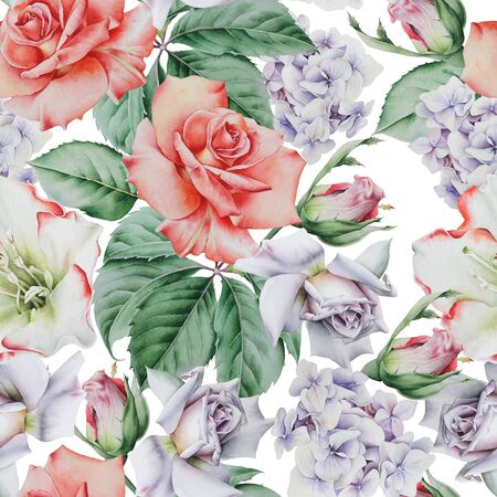 Bright seamless pattern with flowers. Rose. Watercolor illustration. Hand drawn.の写真素材