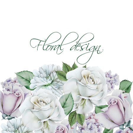 Greeting card with flowers. Rose. Chrysanthemum. Hand drawn.の写真素材