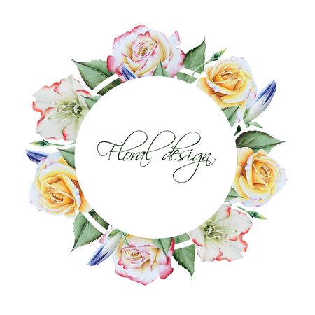 Wreath with watercolor flowers and leaves. Hand drawnの写真素材