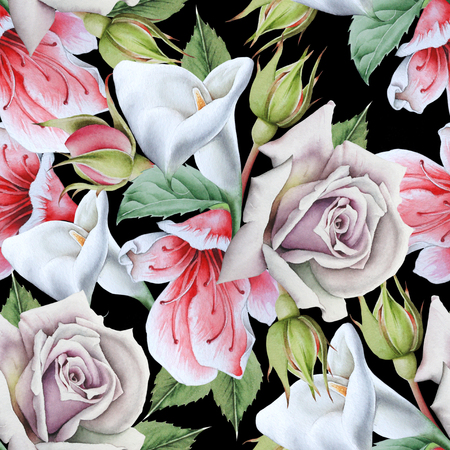 Bright seamless pattern with flowers. Calla. Rose. Watercolor illustration. Hand drawn.の写真素材