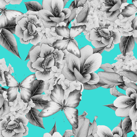 Bright seamless pattern with flowers. Crocus. Anemone. Iris.  Watercolor illustration. Hand drawn.の写真素材
