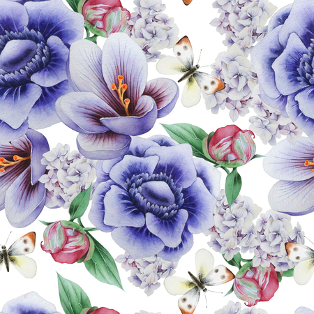 Bright seamless pattern with flowers. Crocus. Anemone. Peony.  Watercolor illustration. Hand drawn.の写真素材